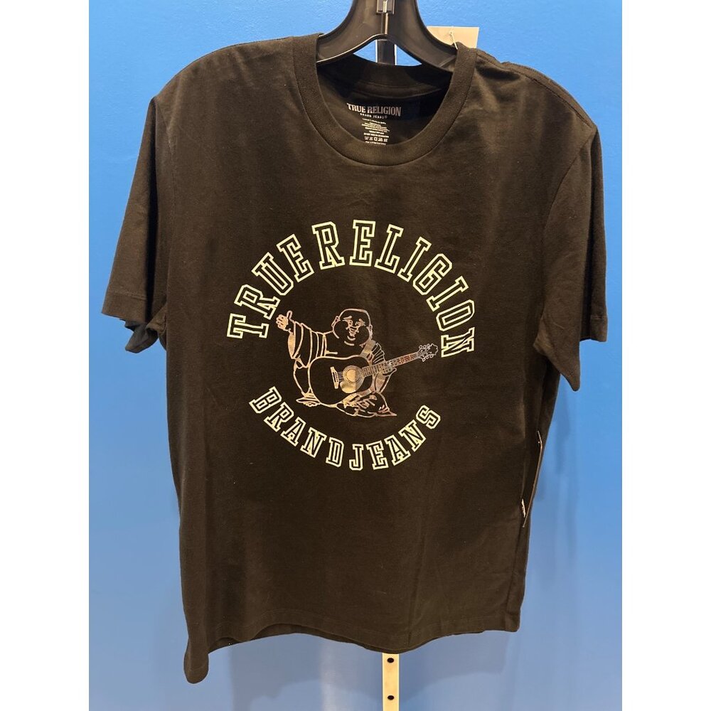 True Religion Mens Black Graphic Tee Large 100% Cotton NWT Distressed Look